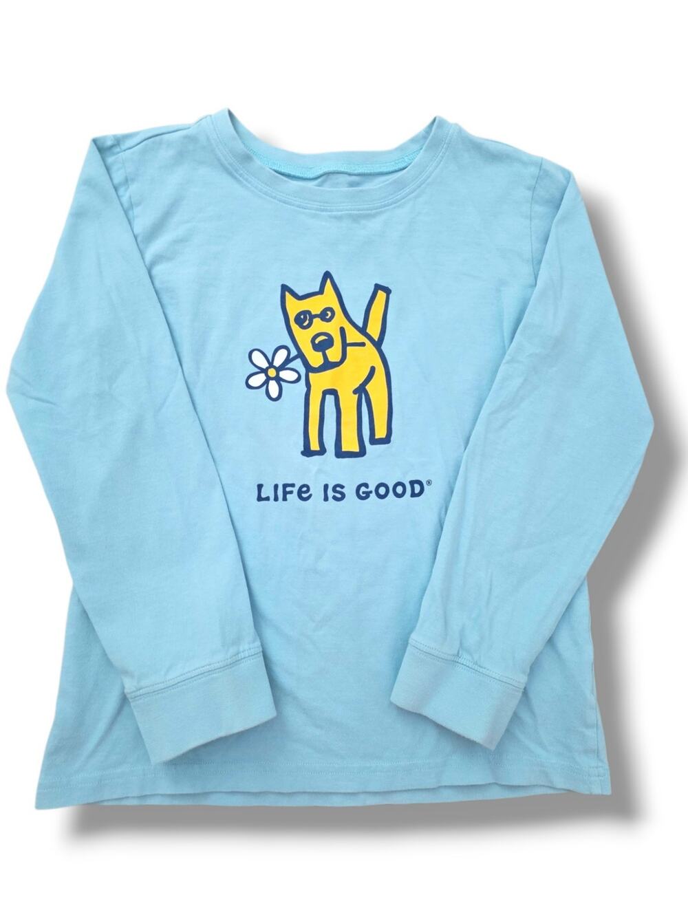 Life Is Good Girls L 10/12 Blue Long Sleeve Crusher Tee Shirt Dog Graphic EUC